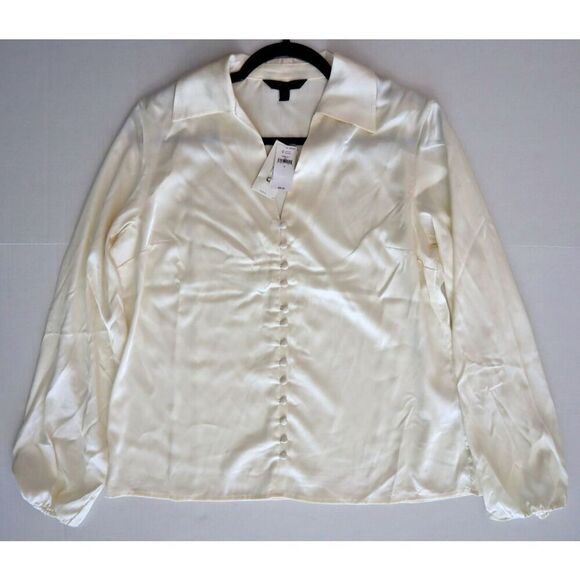 Banana Republic 762890 Women Sz M Snow Day/Ivory Satin Covered-Button Blouse - Picture 7 of 9